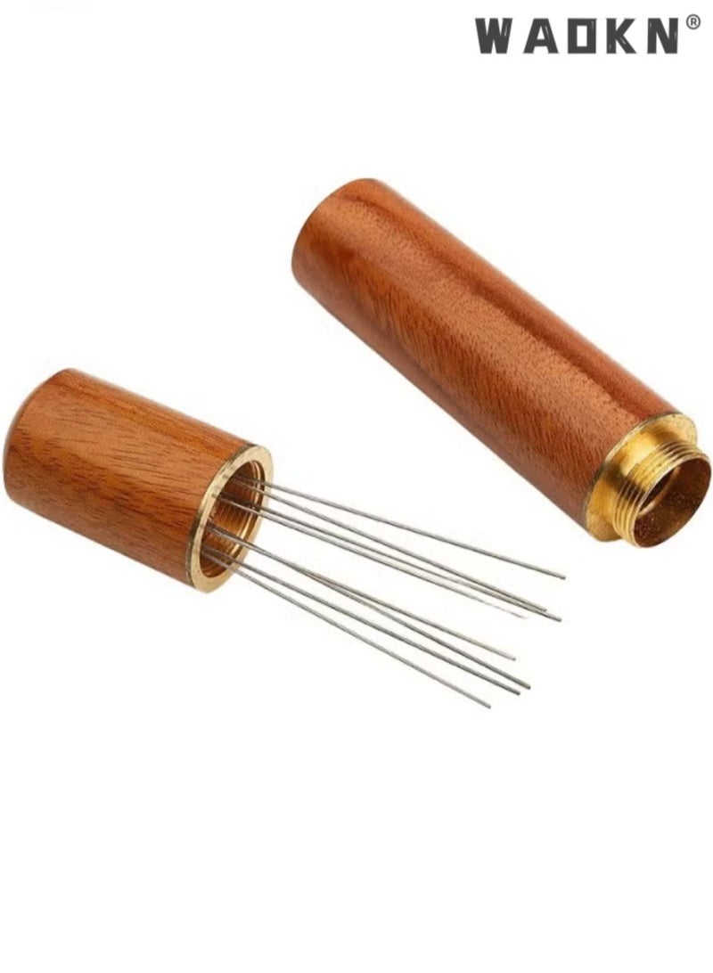 WAOKN Wooden Handle Needle Coffee Tamper, Espresso Dispensing Stirring Tool, Professional Barista Hand Needle Tool 8 Pin 0.4mm Natural Wood Handle and Storage Box, Anti-Caking Ground Coffee Stirring Tool,Mini Small and Portable with Storage Base, Coffee Distributor Hand Stirrer Tool for Home Kitchen Cafe - Image 1