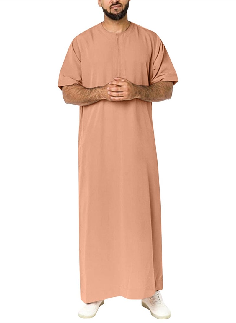 Solid color traditional men's shirt with zipper muslim robe - Image 3