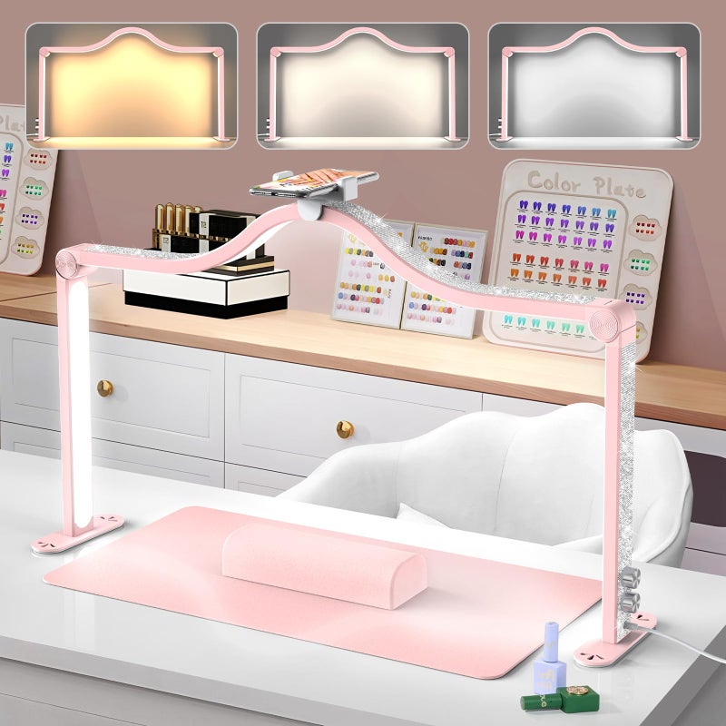 Yokilly Arc Half Moon Light: 34" Shadow-Free Half Moon Light for Desk Salon - Foldable LED Desk Lamp with Stepless Brightness for Manicurist (Pink) - Image 1