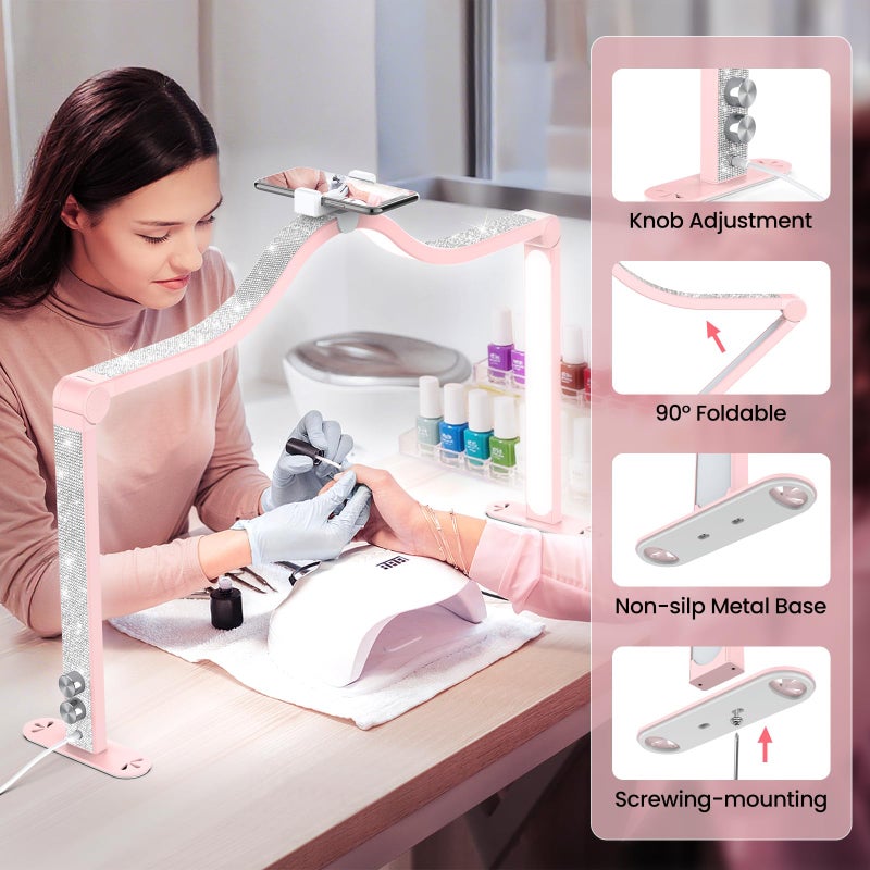 Yokilly Arc Half Moon Light: 34" Shadow-Free Half Moon Light for Desk Salon - Foldable LED Desk Lamp with Stepless Brightness for Manicurist (Pink) - Image 5