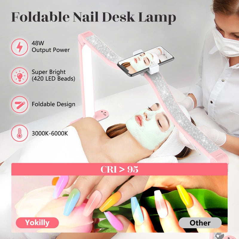 Yokilly Arc Half Moon Light: 34" Shadow-Free Half Moon Light for Desk Salon - Foldable LED Desk Lamp with Stepless Brightness for Manicurist (Pink) - Image 2