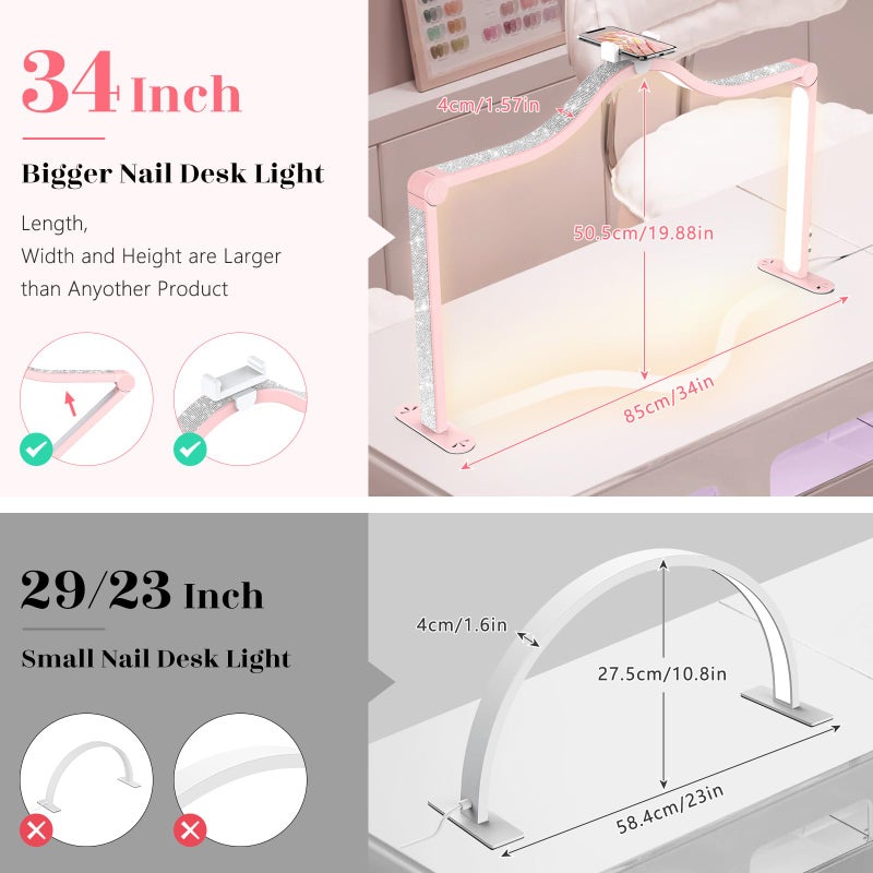 Yokilly Arc Half Moon Light: 34" Shadow-Free Half Moon Light for Desk Salon - Foldable LED Desk Lamp with Stepless Brightness for Manicurist (Pink) - Image 4