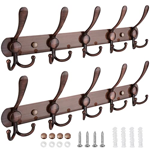 TICONN Wall Mounted Coat Rack, Five Heavy Duty Tri Hooks All Metal Construction for Jacket Coat Hat in Mudroom Entryway (Antique Bronze, 2-Pack) - Image 1
