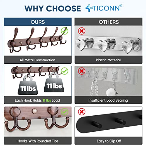 TICONN Wall Mounted Coat Rack, Five Heavy Duty Tri Hooks All Metal Construction for Jacket Coat Hat in Mudroom Entryway (Antique Bronze, 2-Pack) - Image 3