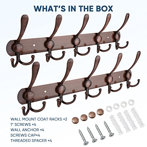 TICONN Wall Mounted Coat Rack, Five Heavy Duty Tri Hooks All Metal Construction for Jacket Coat Hat in Mudroom Entryway (Antique Bronze, 2-Pack) - Image 5