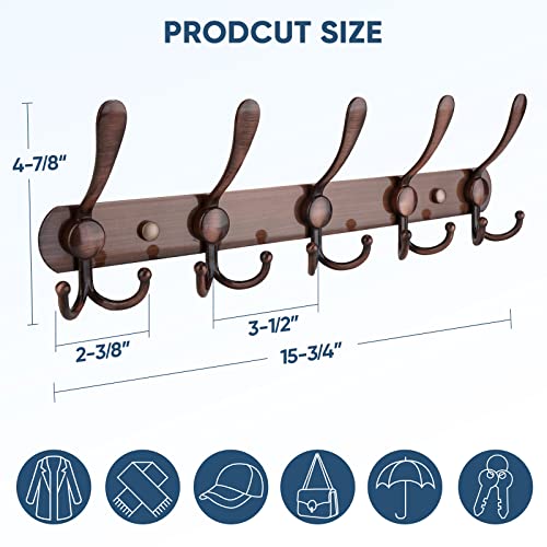 TICONN Wall Mounted Coat Rack, Five Heavy Duty Tri Hooks All Metal Construction for Jacket Coat Hat in Mudroom Entryway (Antique Bronze, 2-Pack) - Image 2