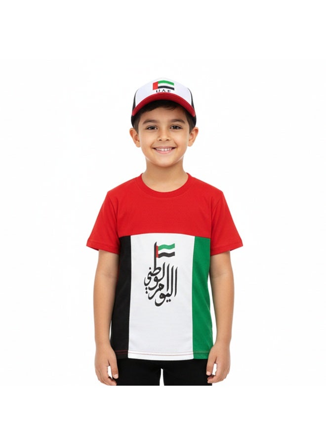 المنزل الذكي هوم سمارت تيشيرت علم اليوم الوطني مع قبعة للأطفال احتفل باليوم الوطني لدولة الإمارات العربية المتحدة بأناقة الزي الوطني لدولة الإمارات العربية المتحدة للمناسبات الوطنية الاحتفالية - Image 1