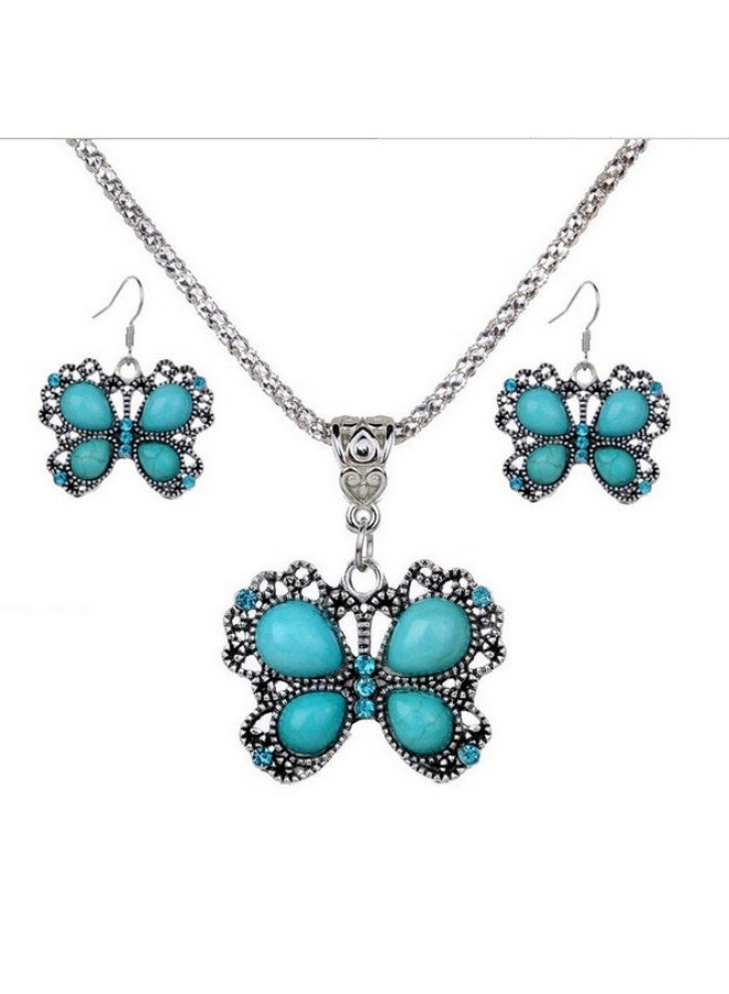 NIBEMINENT Fashionable Vintage Ethnic Style Turquoise Earrings and Necklace Set