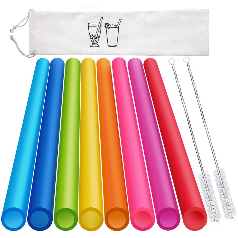 Hiware 8 Pcs Extra Wide Reusable Smoothie & Boba Straws with 1 Bag & 2 Brushes - Multicolor Big Jumbo, BPA FREE Large Plastic Straws for Smoothies, Bubble Tea(Tapioca, Boba Pearls), Milkshakes - Image 1