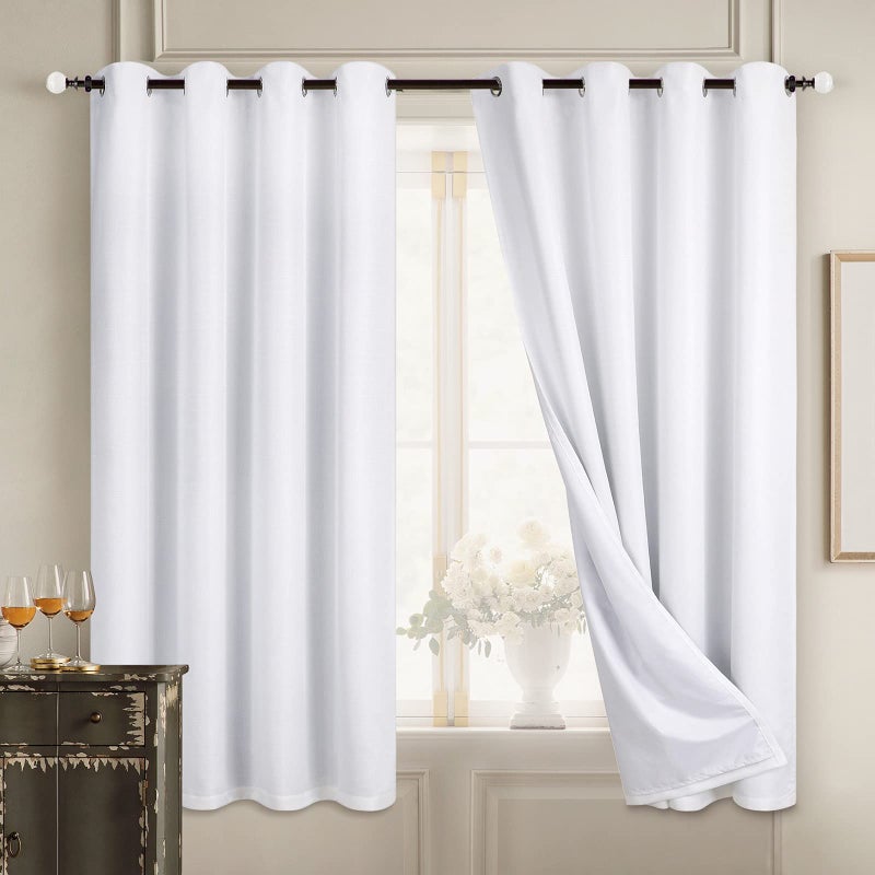 Diraysid 100 Blackout Curtains White Linen Curtains for Bedroom Grommet Thermal Insulated Room Darkening Drapes 2 Panels W52 x L63 Inch