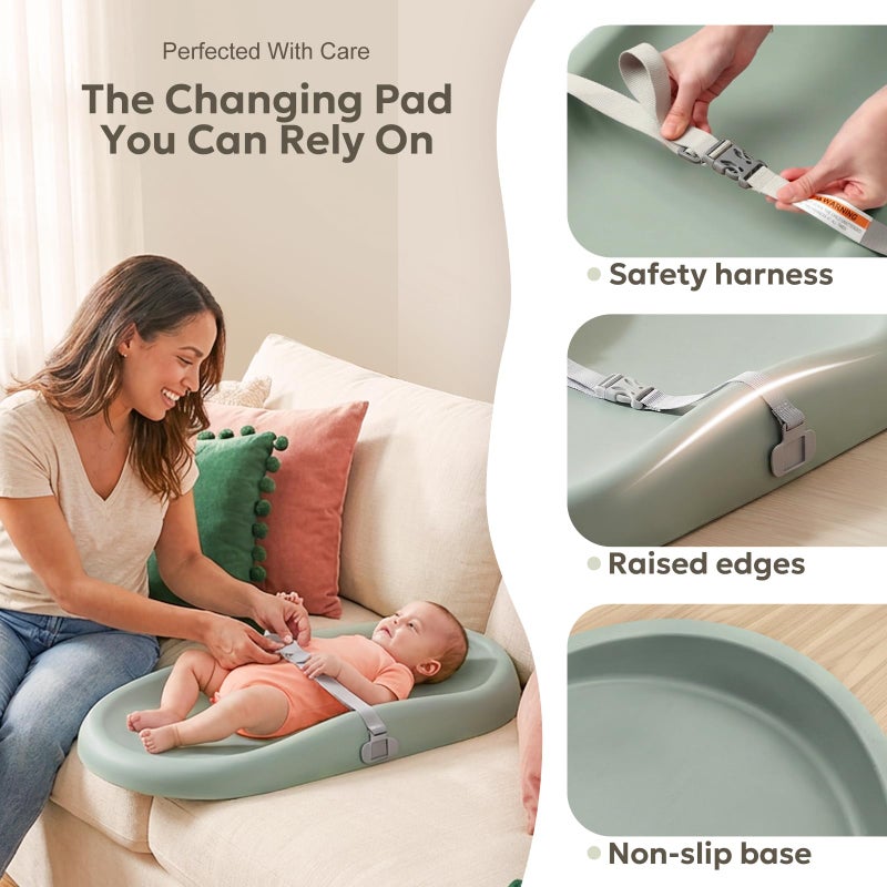 Mallify Baby Changing Pad with Waterproof and Non-Toxic Surface, Changing Table Pad with Adjustable Safety Strap and Cushioned Foam, Easy-Clean & Portable Changing Pad for Dresser(Green) - Image 3