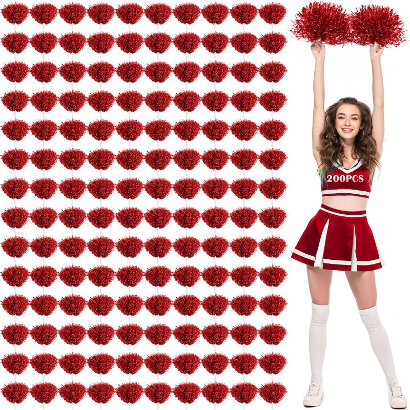 Jerify 120 Pcs Cheerleading Pom Poms Bulk Metallic Foil Cheerleader Pom Poms with Baton Handle Plastic Cheer Pompom Cheering Hand Flowers for Game Sports Squads Dance Party Basketball Red