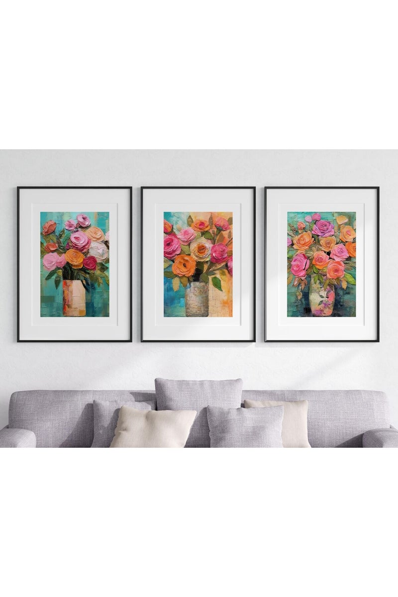 Eviepops Prints ALAYRA Vibrant Bouquets Set of 3 Unframed Wall Poster Prints, Beautiful Flower Painting Textures, Bathroom Bedroom Lounge Kitchen Office Home Décor, Bright Flowers Roses Peonies, Pink Orange Blue (A4) - Image 1