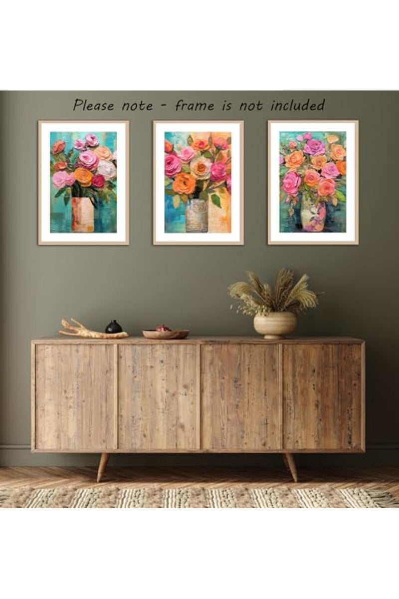 Eviepops Prints ALAYRA Vibrant Bouquets Set of 3 Unframed Wall Poster Prints, Beautiful Flower Painting Textures, Bathroom Bedroom Lounge Kitchen Office Home Décor, Bright Flowers Roses Peonies, Pink Orange Blue (A4) - Image 4