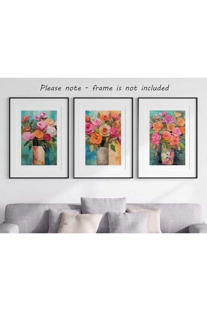 Eviepops Prints ALAYRA Vibrant Bouquets Set of 3 Unframed Wall Poster Prints, Beautiful Flower Painting Textures, Bathroom Bedroom Lounge Kitchen Office Home Décor, Bright Flowers Roses Peonies, Pink Orange Blue (A4) - Image 5