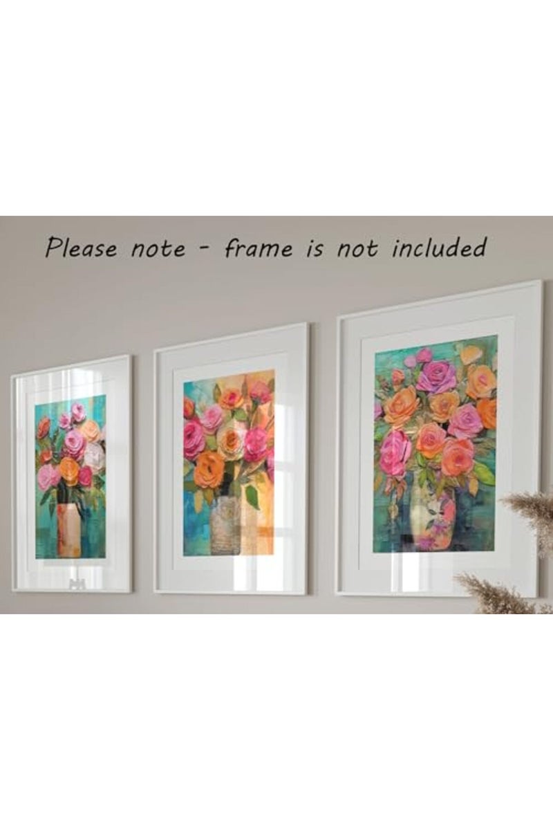 Eviepops Prints ALAYRA Vibrant Bouquets Set of 3 Unframed Wall Poster Prints, Beautiful Flower Painting Textures, Bathroom Bedroom Lounge Kitchen Office Home Décor, Bright Flowers Roses Peonies, Pink Orange Blue (A4) - Image 3