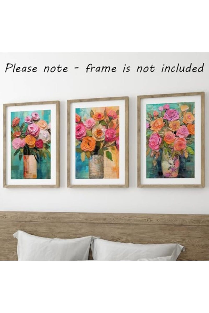 Eviepops Prints ALAYRA Vibrant Bouquets Set of 3 Unframed Wall Poster Prints, Beautiful Flower Painting Textures, Bathroom Bedroom Lounge Kitchen Office Home Décor, Bright Flowers Roses Peonies, Pink Orange Blue (A4) - Image 2