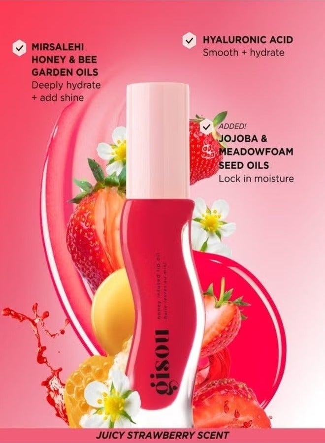 Gisou Honey Infused Lip Oil Strawberry Sorbet - Sheer Pinky Red, Hydrating&Nourishing Lip Treatment (0.27 oz / 8 ml) - Image 2