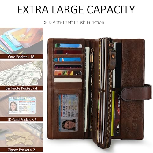 LETEULO Women's RFID Blocking Genuine Leather Wallet Vintage Hand Rubbing Wallets Organizer (Coffee) - Image 2
