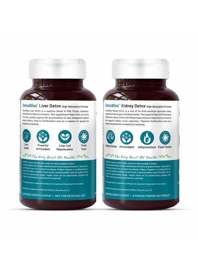 Bliss Welness Bliss Welness Kidney Detox Cleanse Purifier, Gokhru Patharchata Ganoderma + Liver Detox Cleanse Purifier Milk Thistle Silymarin Dandelion Glutathione - 60+60 Veg Tablets  - Image 2