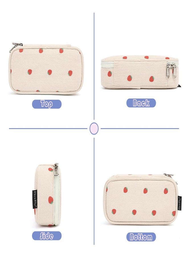 FlowFly Large Capacity Pencil Case for Kids, Boys & Girls - Zippered Multi-Functional Pen Pouch, Soft & Portable Pencil Bag for School, Teens, Students, Corduroy Strawberries Beige - Image 5