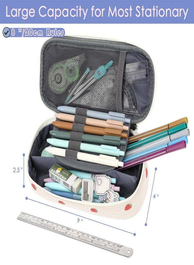 FlowFly Large Capacity Pencil Case for Kids, Boys & Girls - Zippered Multi-Functional Pen Pouch, Soft & Portable Pencil Bag for School, Teens, Students, Corduroy Strawberries Beige - Image 3