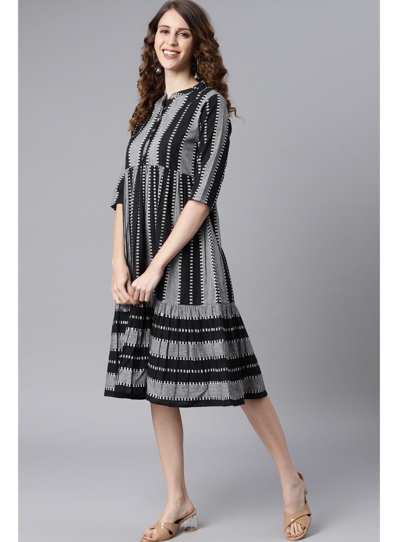 IndHeritage Premium Dress - Christmas dress collection - Black & grey colour mid calf length dress with striped prints - Stylish trending Indo Western Dress - Image 2