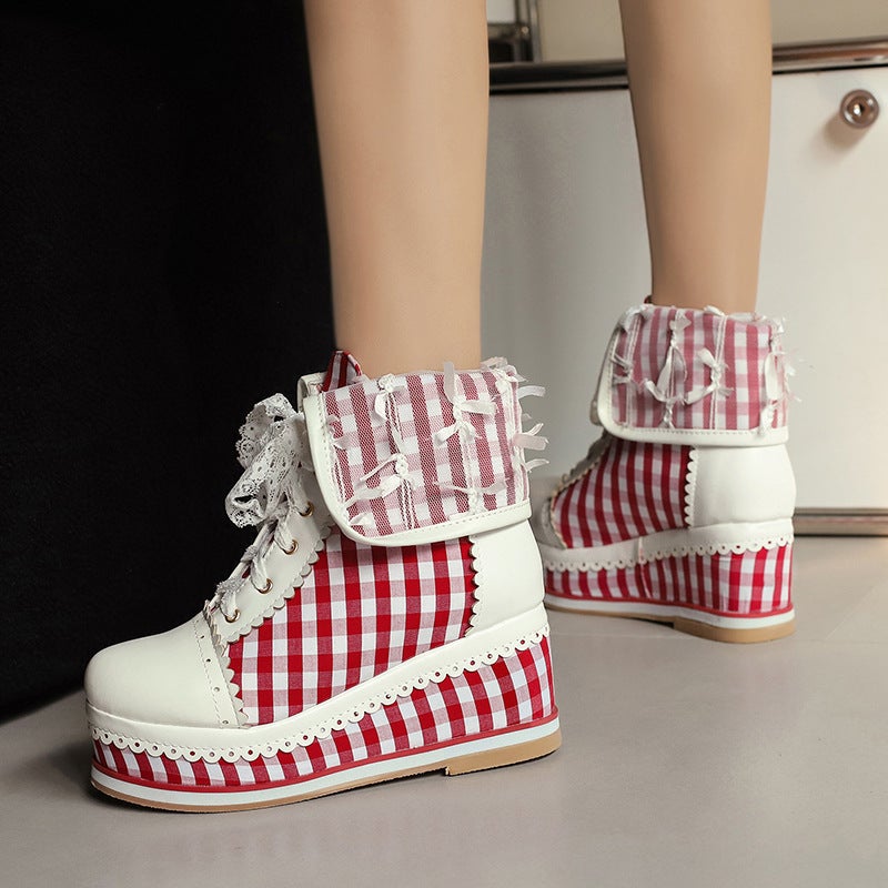 Water Platform Slope With Color Matching Plaid Women'S Boots 30-48 Round Head Sweet Lace Front Lace Short Boots - Image 5