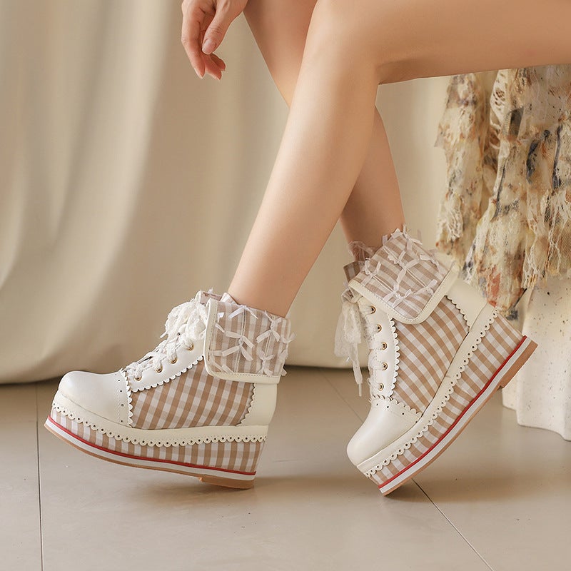 Water Platform Slope With Color Matching Plaid Women'S Boots 30-48 Round Head Sweet Lace Front Lace Short Boots - Image 3