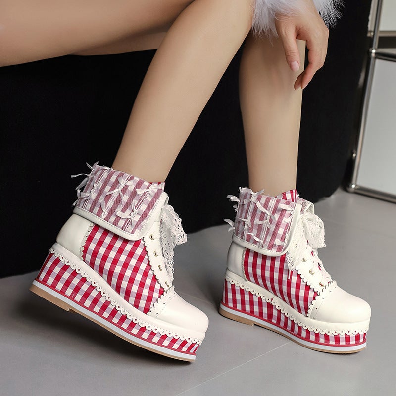 Water Platform Slope With Color Matching Plaid Women'S Boots 30-48 Round Head Sweet Lace Front Lace Short Boots - Image 2