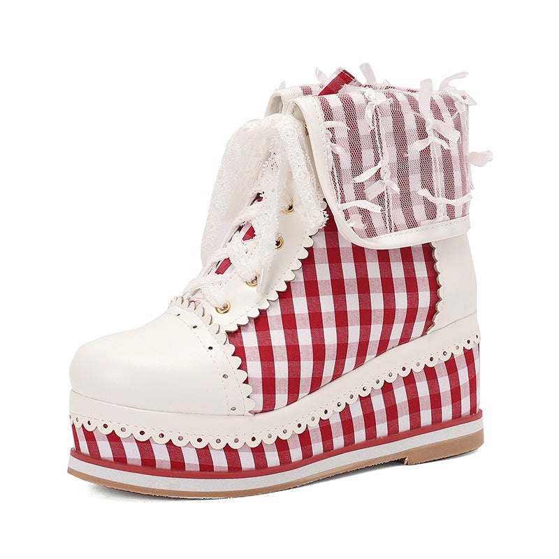 Water Platform Slope With Color Matching Plaid Women'S Boots 30-48 Round Head Sweet Lace Front Lace Short Boots - Image 1