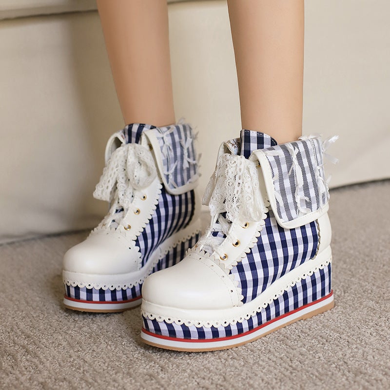 Water Platform Slope With Color Matching Plaid Women'S Boots 30-48 Round Head Sweet Lace Front Lace Short Boots - Image 4