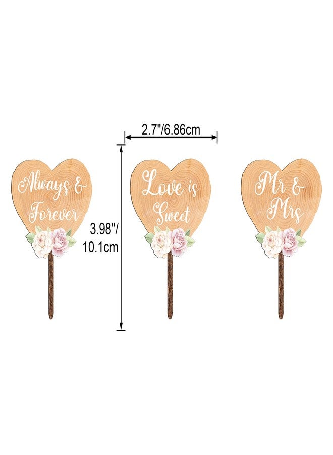 Party to Be 12 PCS Wedding Cupcake Toppers Rustic Heart Wood Slice with Flower Design Anniversary Wedding Cake Cupcake Decoration (Pink Rose) - Image 2