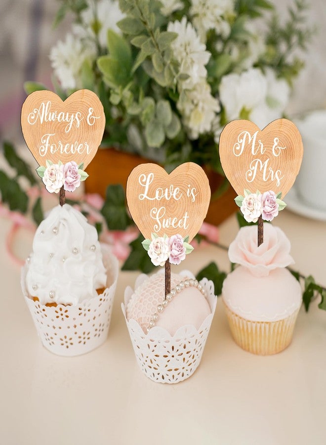 Party to Be 12 PCS Wedding Cupcake Toppers Rustic Heart Wood Slice with Flower Design Anniversary Wedding Cake Cupcake Decoration (Pink Rose) - Image 4