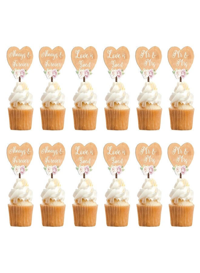 Party to Be 12 PCS Wedding Cupcake Toppers Rustic Heart Wood Slice with Flower Design Anniversary Wedding Cake Cupcake Decoration (Pink Rose) - Image 1