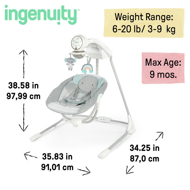 Ingenuity InLighten 5-Speed Baby Swing - Swivel Infant Seat, 5 Point Safety Harness, Nature Sounds, Lights - Van Elephant - Image 5