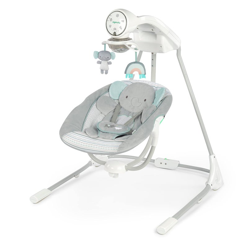Ingenuity InLighten 5-Speed Baby Swing - Swivel Infant Seat, 5 Point Safety Harness, Nature Sounds, Lights - Van Elephant - Image 1