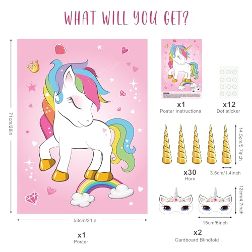 ASTARON Pin The Horn on The Unicorn Birthday Party Game with 30 Horns for Unicorn Party Supplies Favors Girls Rainbow Party Decorations Pin The Tail Game for Christmas - Image 5