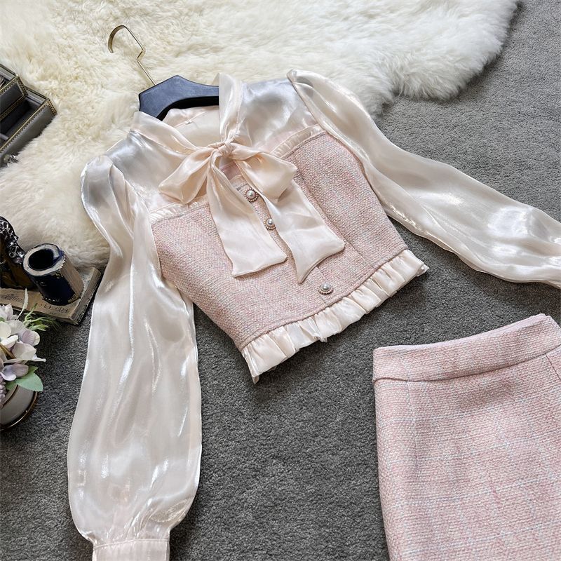 G plus size womens autumn suit womens 2024 new style sweet bow shirt skirt two-piece set pink coat [single piece]]