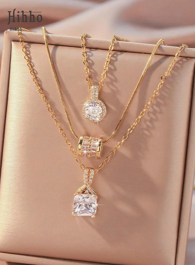 تايك تو Golden Layered Cubic Zirconia Necklace Set