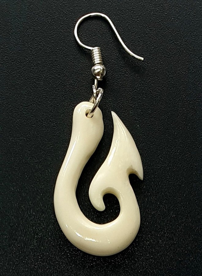 Swimmi Hand Carved Fish Hook Bone Earrings, Māori Bone Fish Hook Earrings for Women Men, Handmade Tribal Dangle Drop Bone Jewelry FA346-A - Image 5