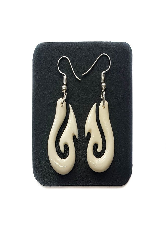 Swimmi Hand Carved Fish Hook Bone Earrings, Māori Bone Fish Hook Earrings for Women Men, Handmade Tribal Dangle Drop Bone Jewelry FA346-A - Image 1