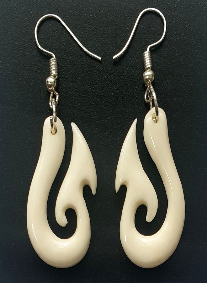 Swimmi Hand Carved Fish Hook Bone Earrings, Māori Bone Fish Hook Earrings for Women Men, Handmade Tribal Dangle Drop Bone Jewelry FA346-A - Image 2