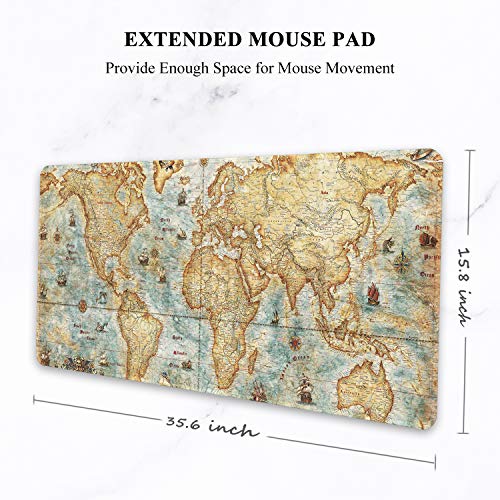 Auhoahsil Large Gaming Mouse Pad, Vintage Map Theme XXL 35.4 x 15.7 in Desk Pad Stitched Non-Slip Rubber Long Computer Mousepad Thin Extended Full Size Desk Mat for Desktop, Laptop, Wireless Mice - Image 2