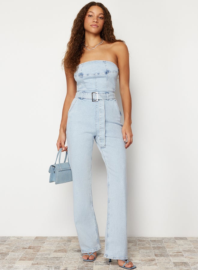 trendyol Light Blue Belt Strapless Denim Jumpsuit - Image 1