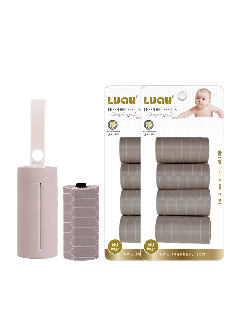 LuQu - Baby Disposable Diaper Bags, Biodegradable Waste Bags 10 Refill Rolls/150 Bags with Dispenser, Convenient and Quick Diaper Disposal, Unscented(PINK) - Image 1