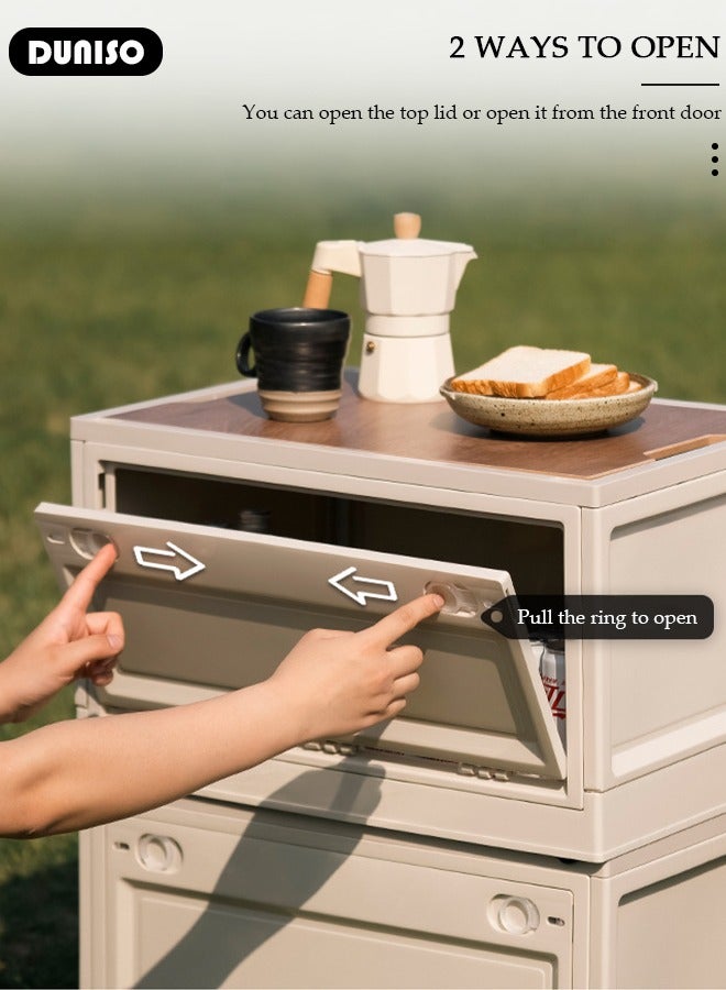 DUNISO صندوق تخزين للتخييم، حاوية تخزين خارجية بغطاء خشبي، صندوق تخزين قابل للطي بسعة كبيرة، طاولة نزهة خفيفة الوزن وطاولة تخييم وتخزين للطهي في الهواء الطلق والنزهات - Image 5