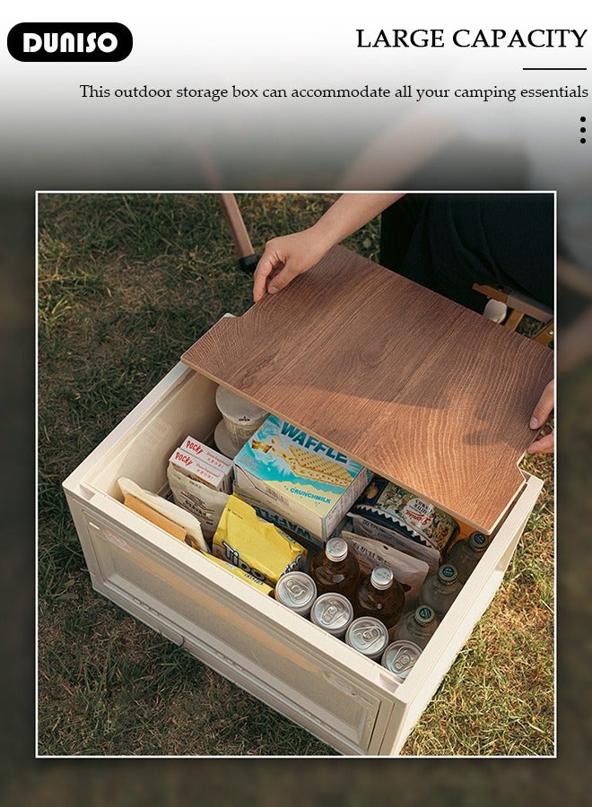 DUNISO صندوق تخزين للتخييم، حاوية تخزين خارجية بغطاء خشبي، صندوق تخزين قابل للطي بسعة كبيرة، طاولة نزهة خفيفة الوزن وطاولة تخييم وتخزين للطهي في الهواء الطلق والنزهات - Image 2