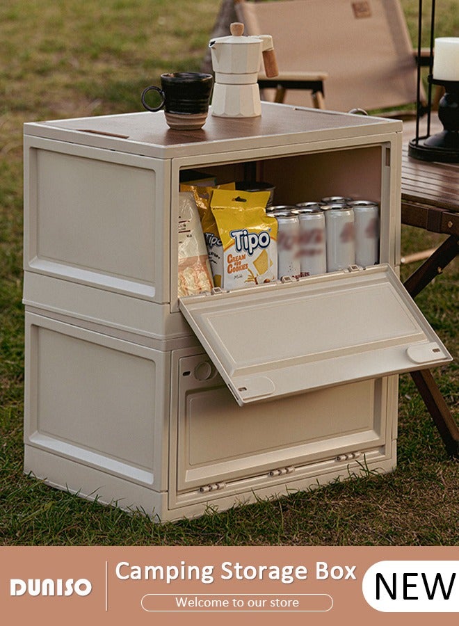 DUNISO صندوق تخزين للتخييم، حاوية تخزين خارجية بغطاء خشبي، صندوق تخزين قابل للطي بسعة كبيرة، طاولة نزهة خفيفة الوزن وطاولة تخييم وتخزين للطهي في الهواء الطلق والنزهات - Image 1