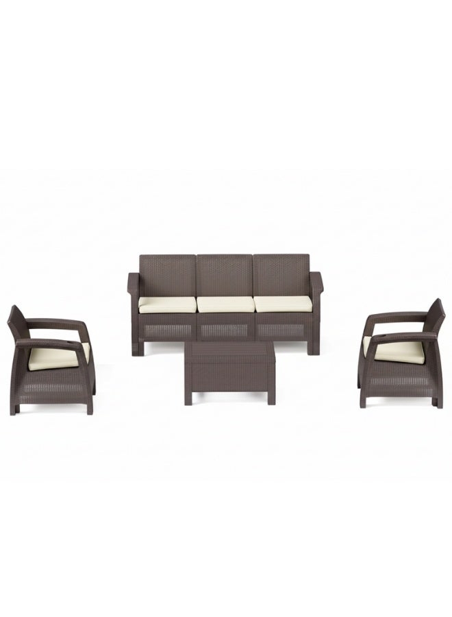73Hours 5-Seater Outdoor Sofa Set – Dark Brown Plastic Seating with Beige Seat Cushions  Coffee Table, Weather-Resistant Patio  Garden Furniture with Built-In Cup Holders - Image 2